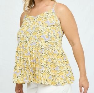 HAYDEN Yellow & Purple Floral Printed Pleated Peplum Tank NWT!